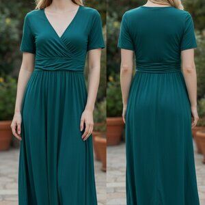 Green Short-Sleeve V-Neck Wrap Midi Dress By Weaczzy Medium